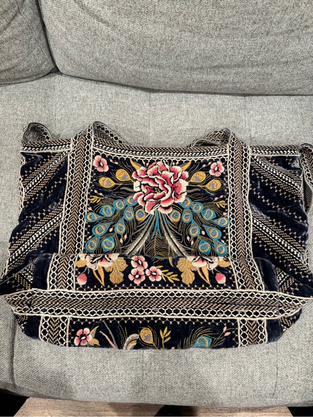 Johnny Was Navy Velvet Embroidered Peacock Tote